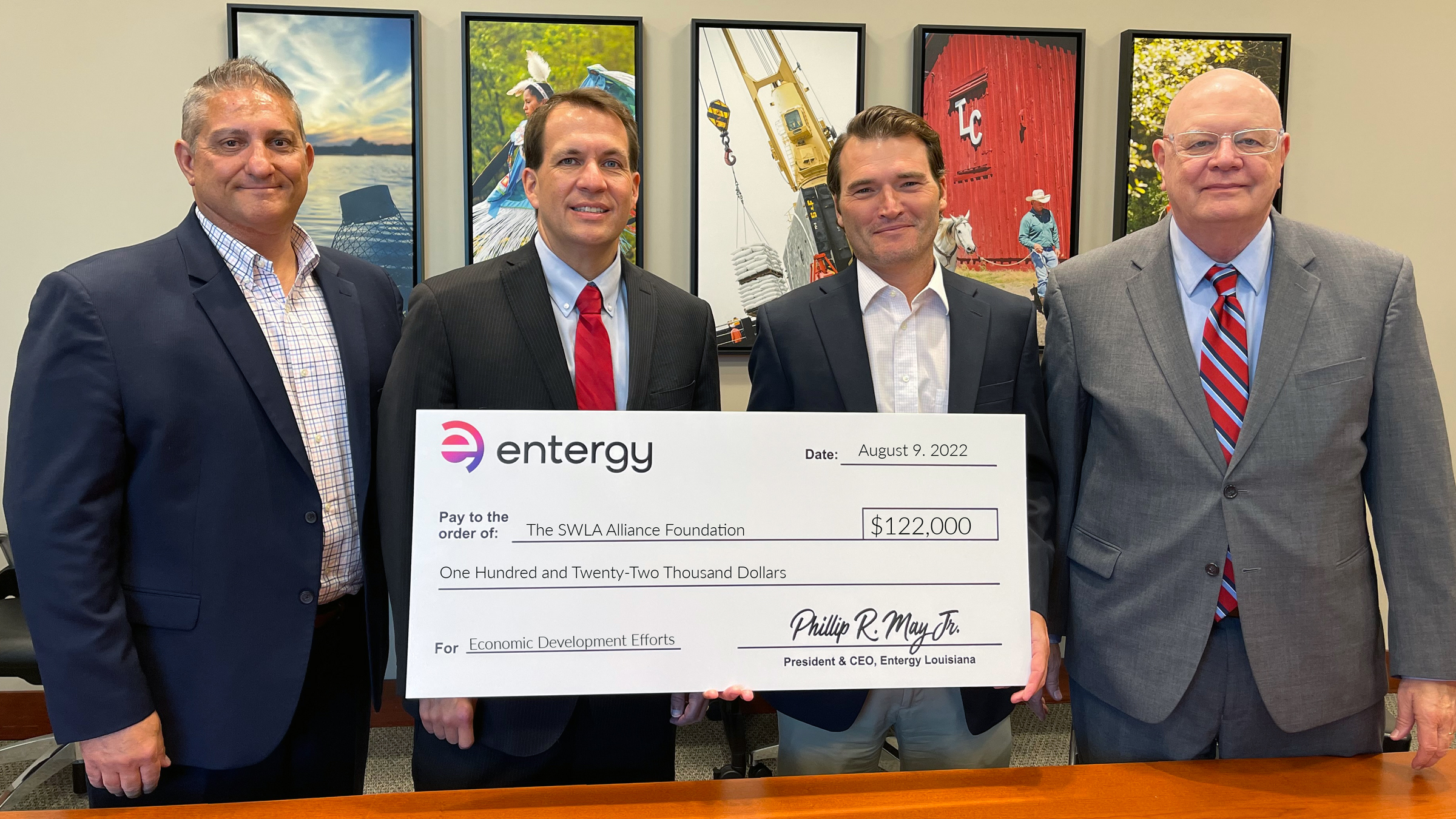 Pictured, from left, are Perry Pertuit, Entergy Louisiana new business development manager; Jonathan Dean, SWLA Economic Development Alliance vice president of economic development; Jim Bourgeois, Entergy Louisiana business and economic development project manager; and George Swift, SWLA Economic Development Alliance president and CEO. 